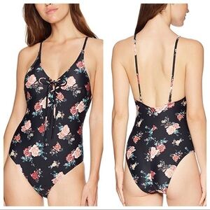 🆕 Mae floral black pink white green lace up plunging one piece sw…